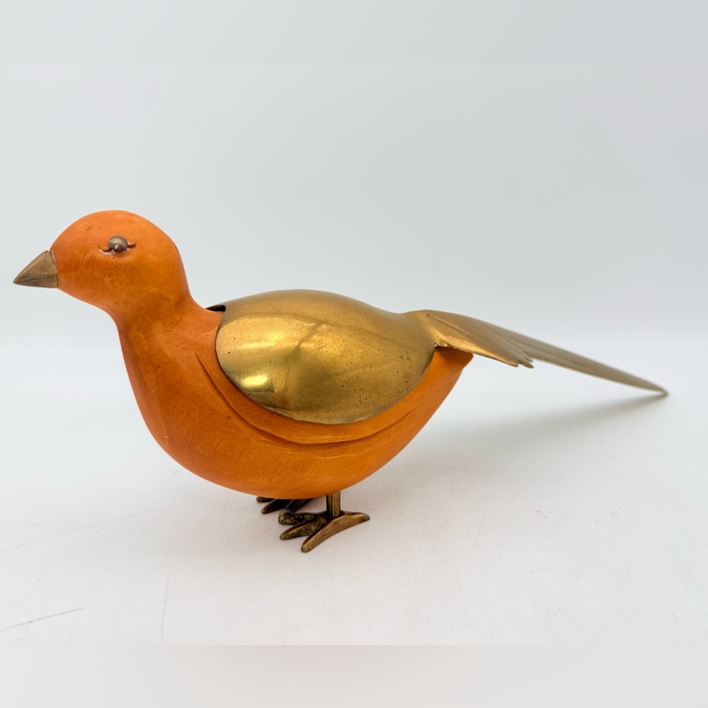 Vintage Carved Wood Bird with Brass Feather Tail | Folk Art Decor